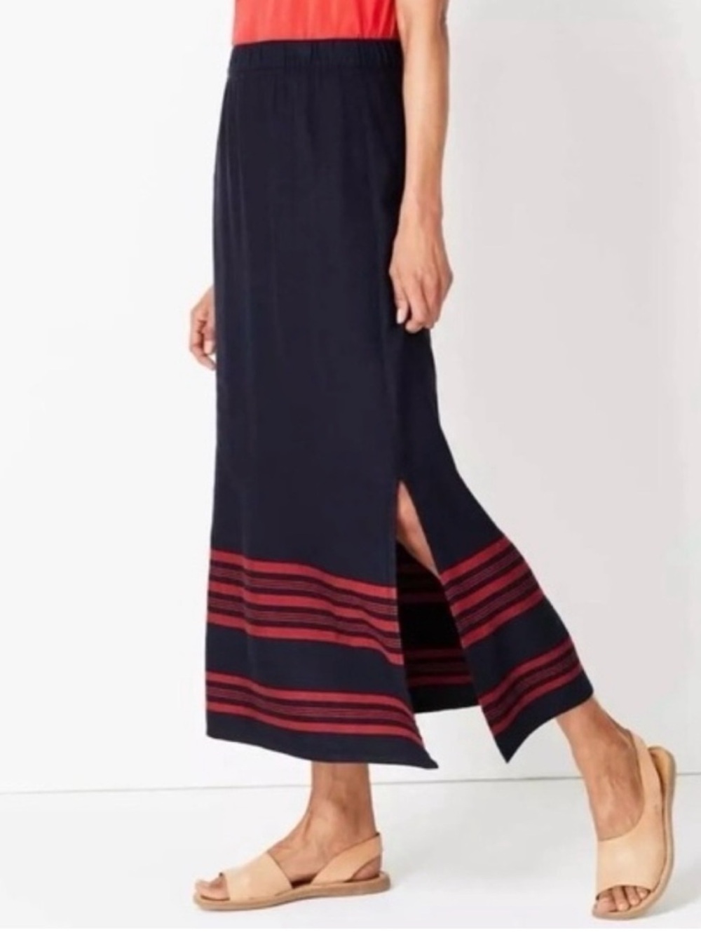 J. Jill Blue & Red Striped Linen Blend Navy Preppy Casual Maxi Skirt LARGE